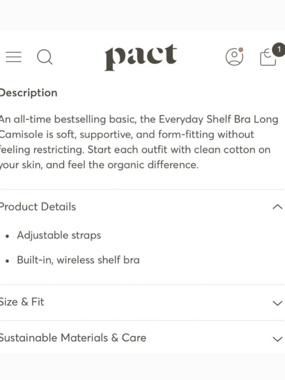 Pact Organic Everyday Shelf Bra Long Camisole in Light Gray Sz L - Picture 6 of 6
